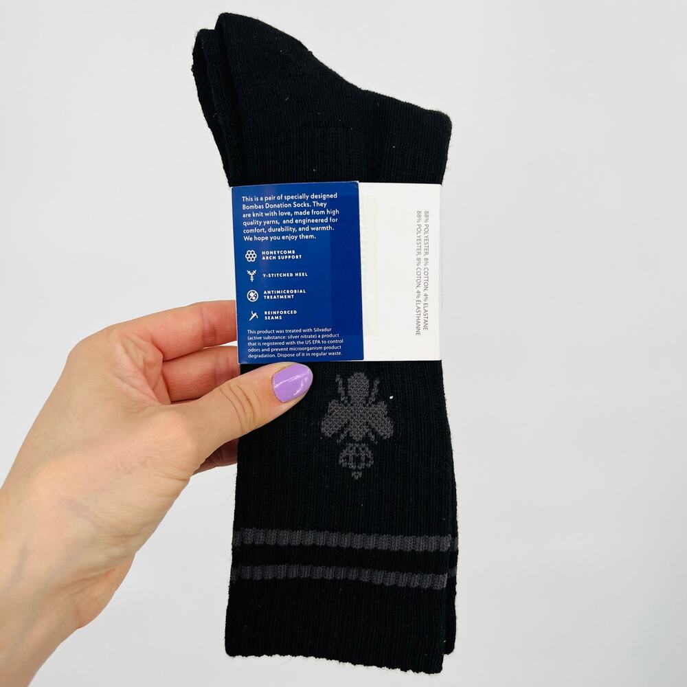 NEW Bombas Black Crew Socks With Gray Varsity Stripes Size Large - Picture 2 of 4